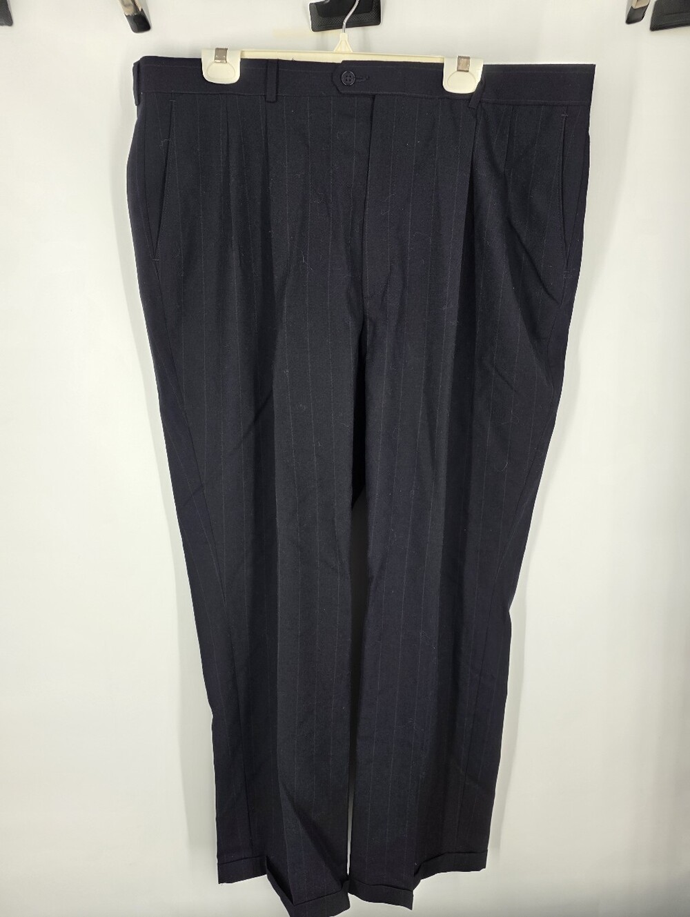 Haggar Mens 40x30 Navy Pinstripe 100% Worsted Wool Pleated Dress Pants Slacks